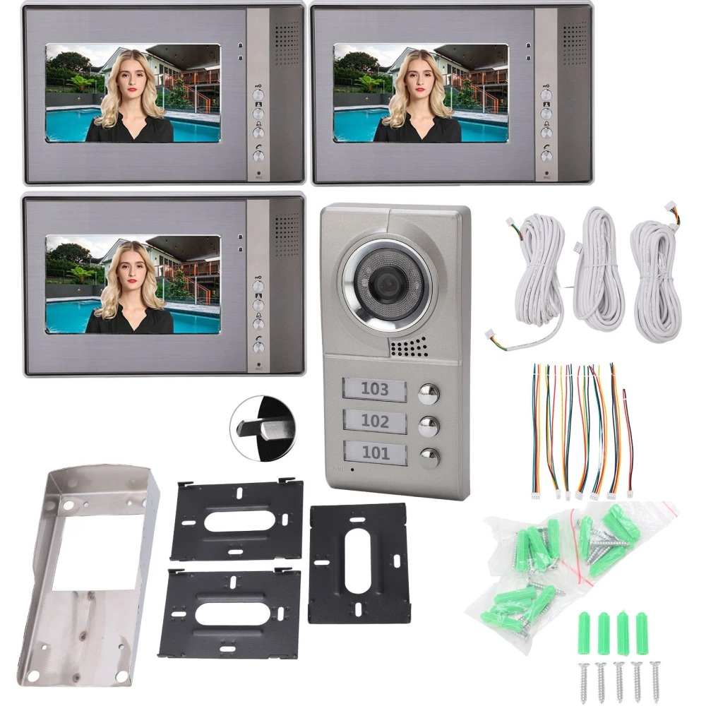 3 Apartment Units 7in Video Door Phone Intercom Doorbell IR Camera Entry System (AU 110V‑240V)