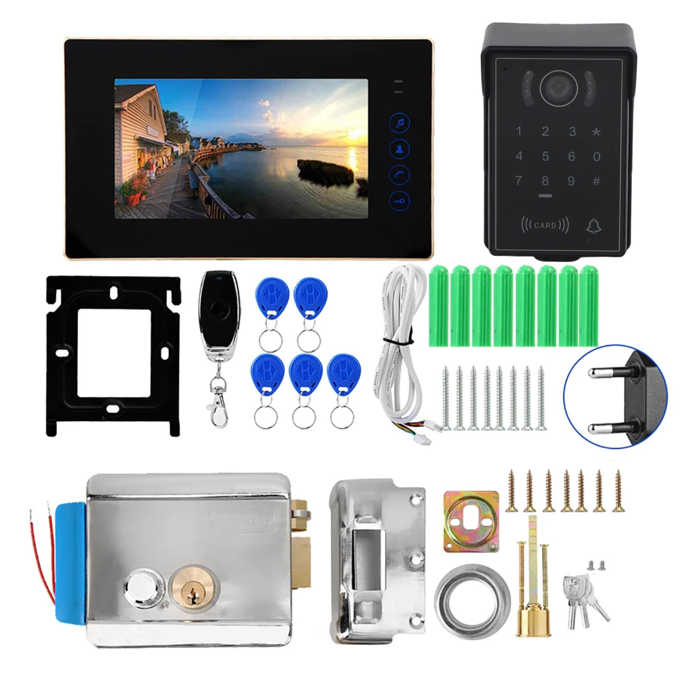 7" Wired Touch Keypad Card Remote Control Video Door Phone Doorbell with Electric Lock(EU Pug)