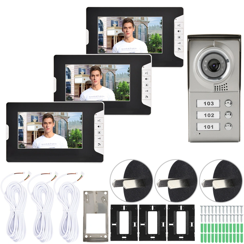 Apartment 3 Units Wired Video Door Phone Audio Visual Doorbell Intercom Entry System (AU Plug)