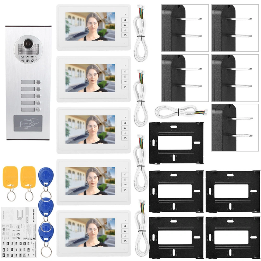 100-240V 7 Inch HD IR Video Intercom Doorbell One Camera with Five Monitor (US Plug)