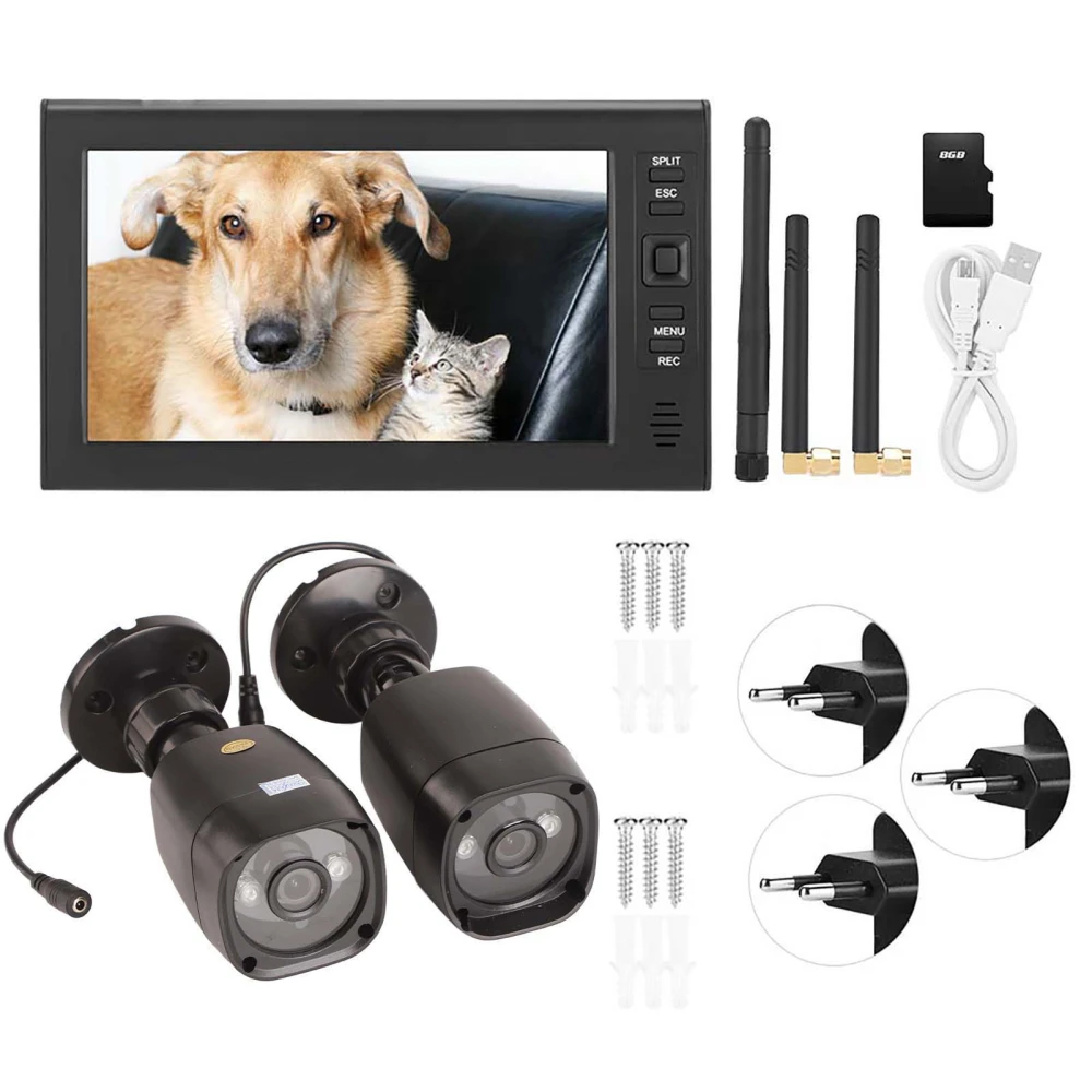 7 Inch LCD Wireless 4CH Security Monitor System Display+Camera 2pcs IR Cameras Memory Card EU