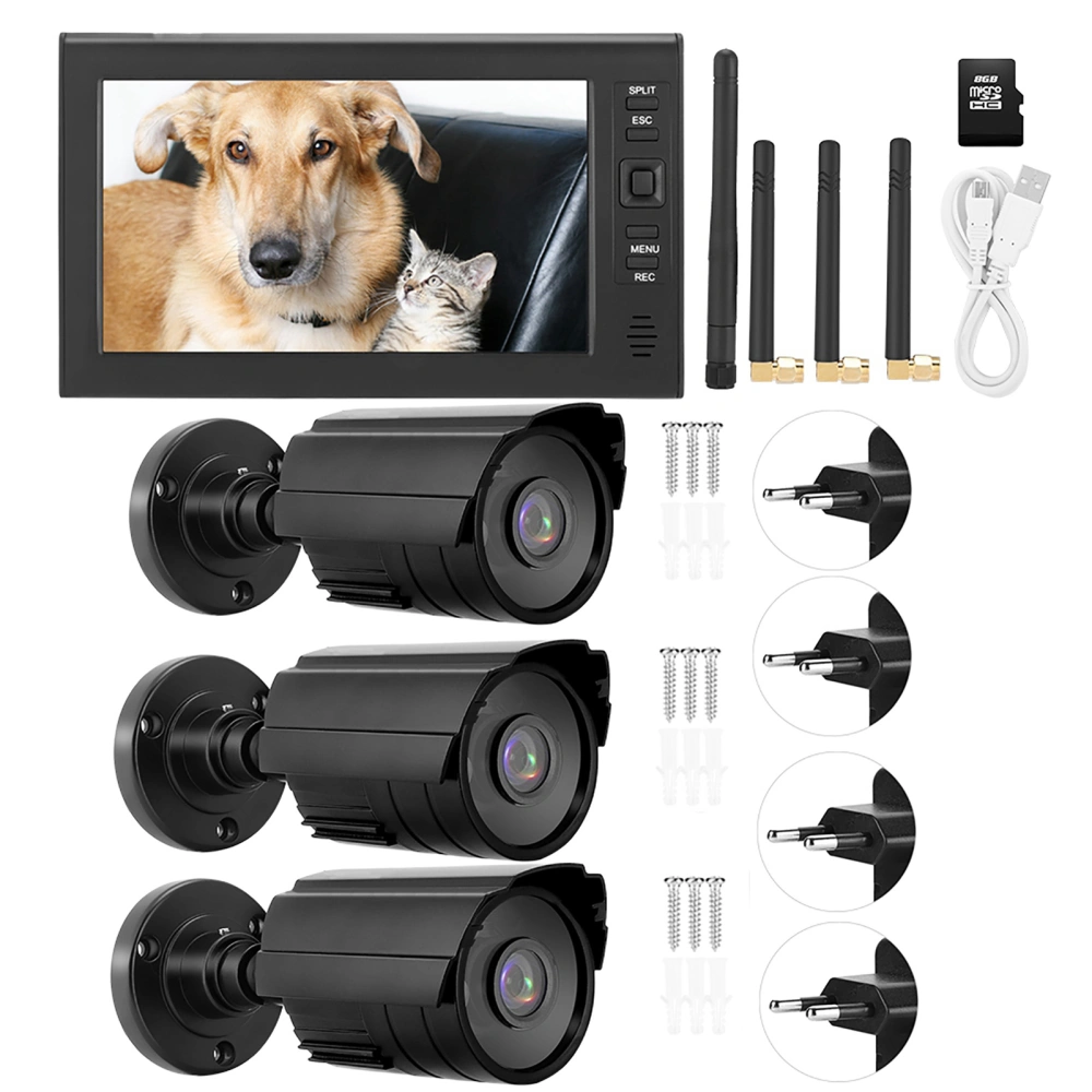 7 Inch LCD Wireless WIFI 4CH Security Monitor System Display+Camera 3pcs IR Cameras Memory Card EU