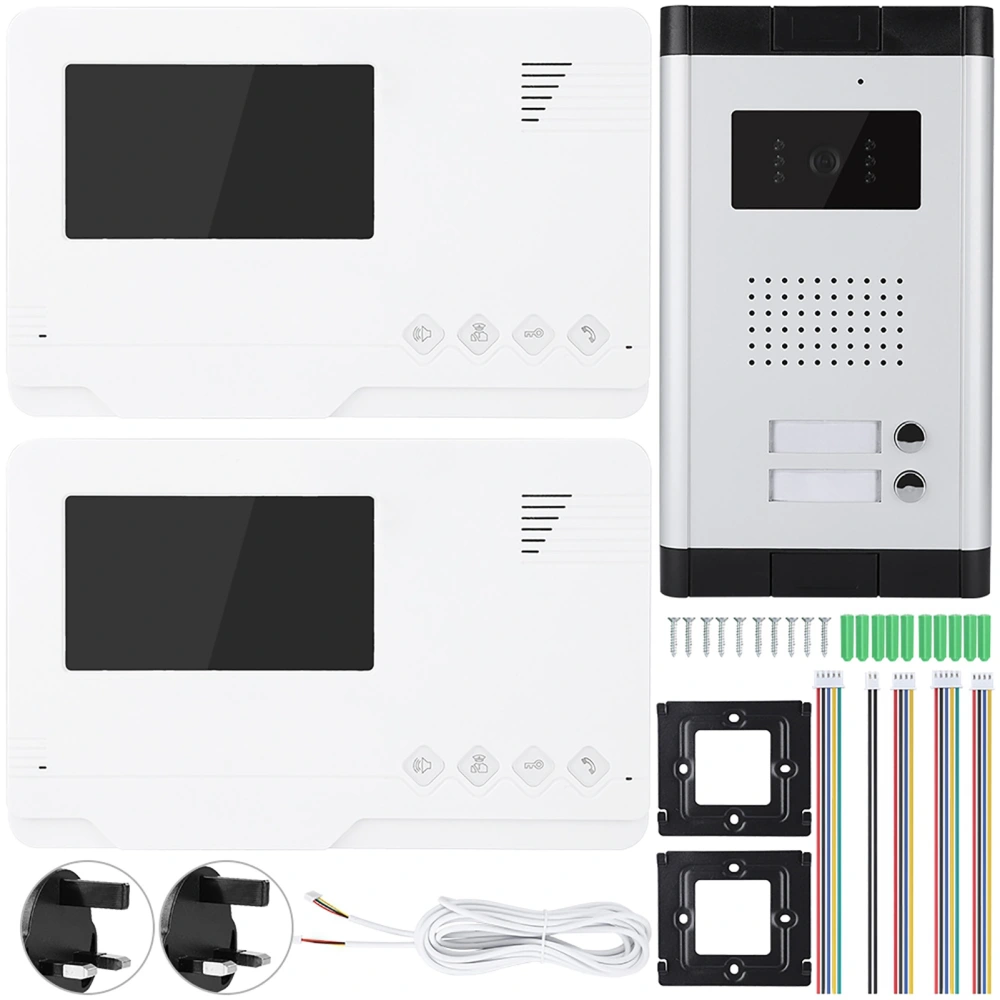 4.3in TFT Video Door Phone Doorbell Intercom Kit 1 Camera 2 Monitors Night Vision UK 110-240V