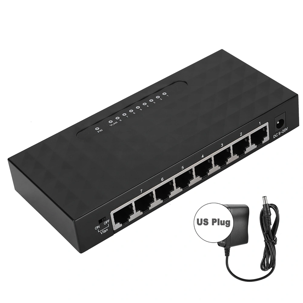 8 Ports High Performance Network VLAN Hub 100M Ethernet Desktop Switch 100‑240V Black US