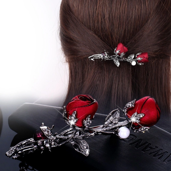 Retro Rose Flower Hairpins Rhinestone Leaves Barrettes Hair Clip Ponytail Holder Crystal Black Hair Accessories