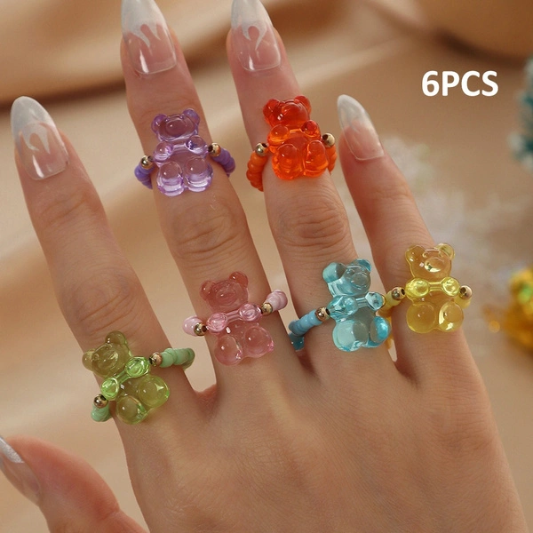 6 Pieces Beaded Rings Set Rice Bead Rings Cute Gummy Bear Handmade Vsco Boho Beach Rings Colorful Jewelry Ring Rainbow Colorful Beads Knuckle Ring Set for Girl Women