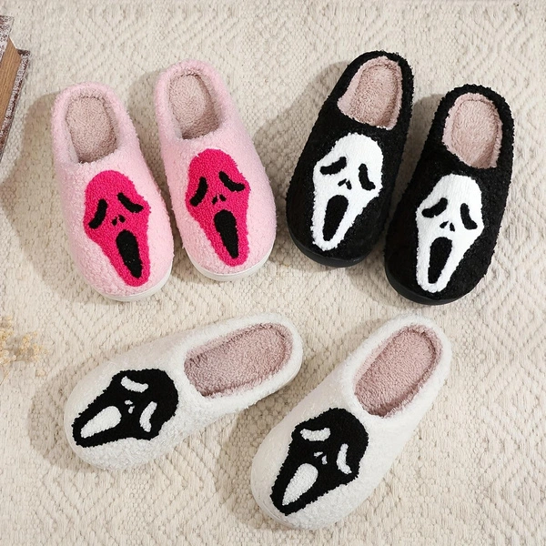 Skull Print Black Slippers Casual Slip On Plush Lined Slippers Comfortable Indoor Home Halloween Slippers