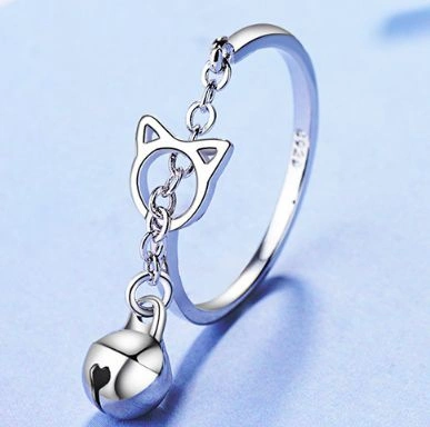 925 Sterling Silver Plated Cat Small Bell Ring for Women,Open Rings for Girls Bague Femme