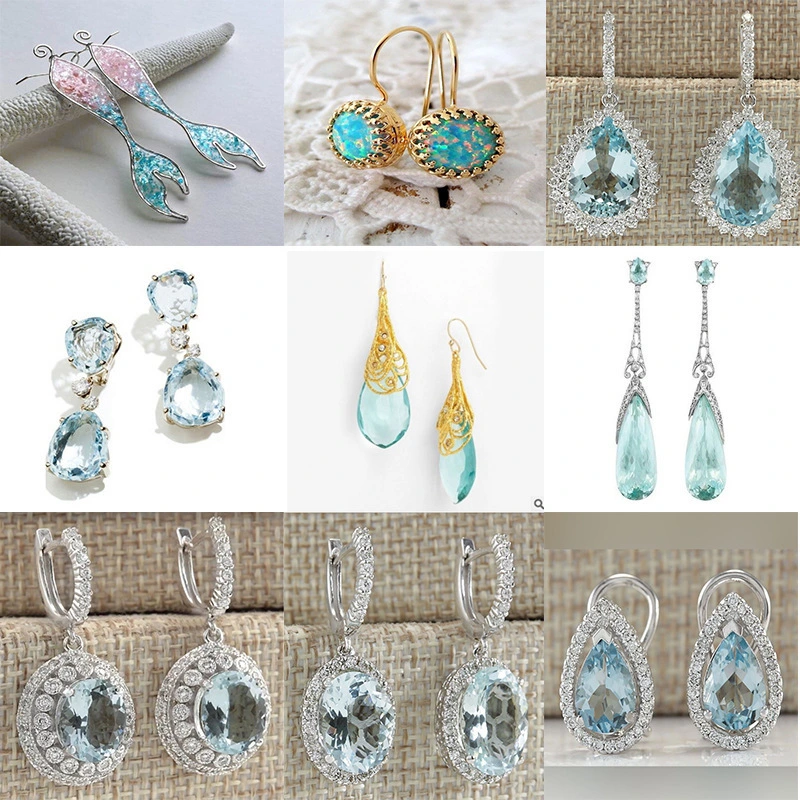 1Pair 925 Silver Gemstone Aquamarine Earrings Bride Wedding Engagement Jewelry (Choice Style for Corresponding Picture)