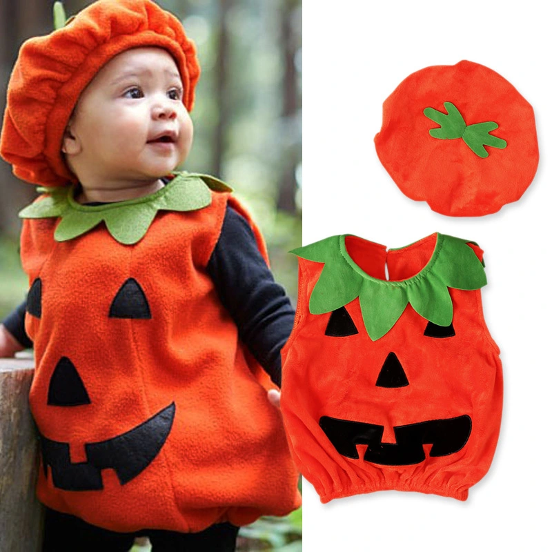 Children's European and American autumn and winter styles for boys and girls, sleeveless Halloween pumpkin top + hat two-piece children's clothing set