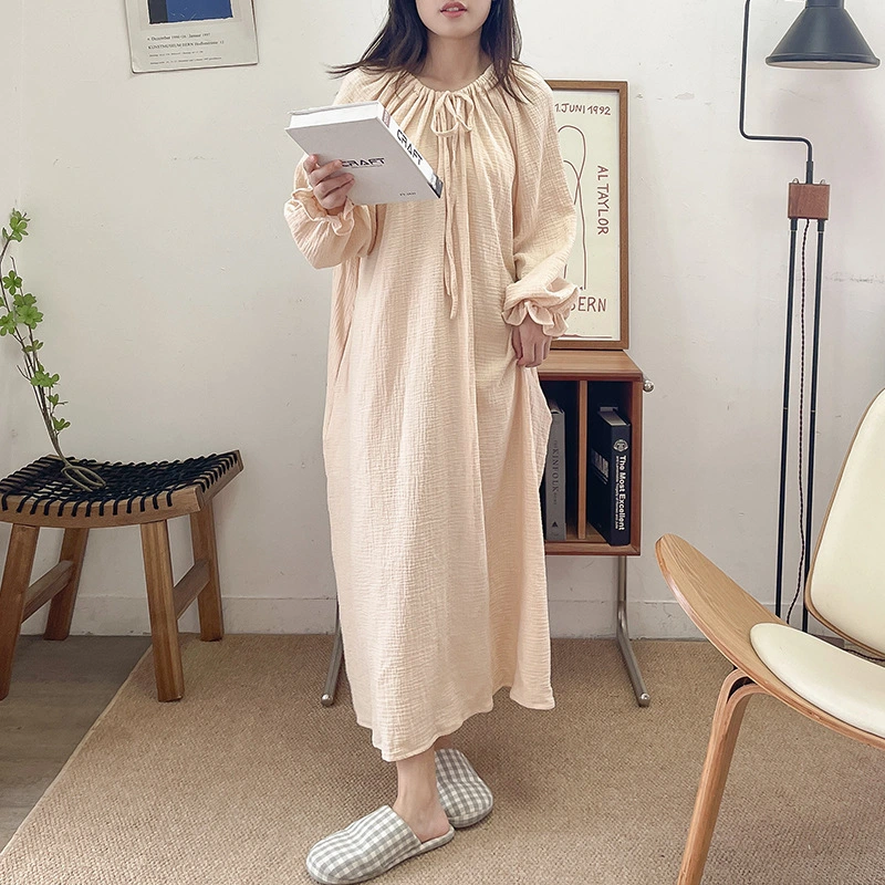 Idle Style Small Floral Lace-up Design Long Sleeve Soft Home Dress