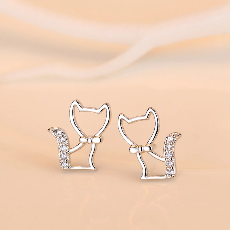 925 Silver Stud Earrings Butterfly Fox Cat Micro Inlaid Shining Zircon Accessories