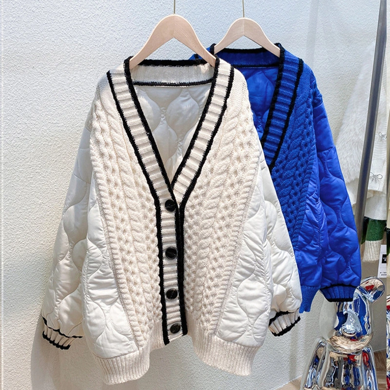 Idle Style Knitted Stitching Cotton-padded V-neck Cardigan