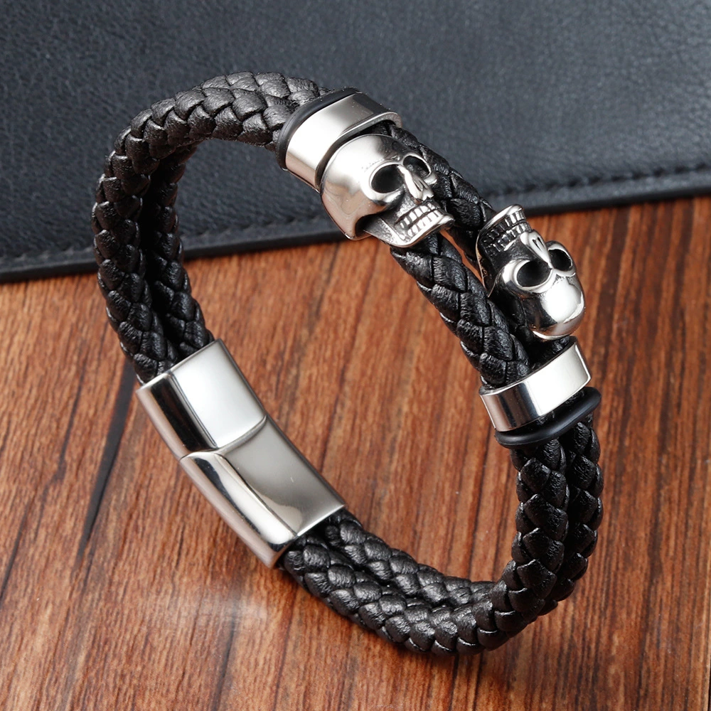 Skull Stainless Steel And Leather Bracelet