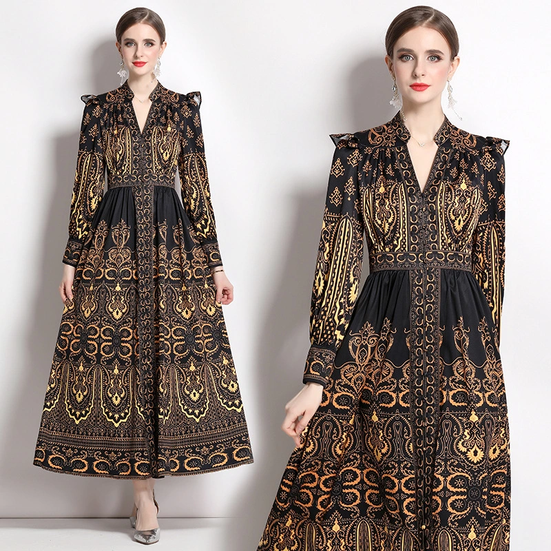 Vintage Court Style V-neck Single Breasted Lantern Sleeve Waist Dress