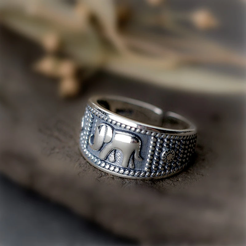 Vintage Animal Thai Silver Distressed Elephant Ring Female Simple Opening Ornament