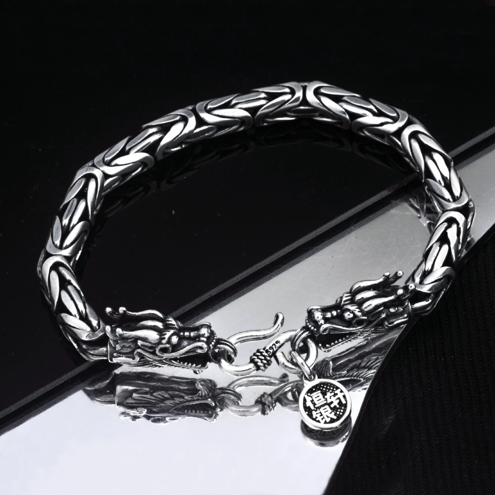 Men's Trendy Vintage Thai Silver Double Chinese Dragon Heads Bracelet