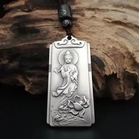 Pure Silver 999 Retro Three-dimensional Guanyin Bodhisattva Square Pendant Necklace