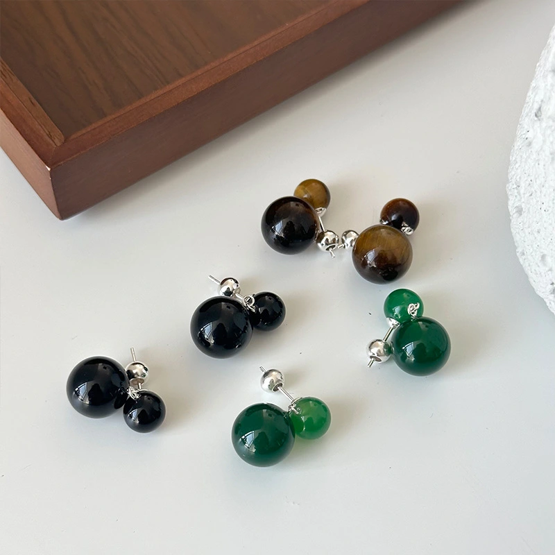 925 Sterling Silver Ball Black Agate Stud Earrings For Women