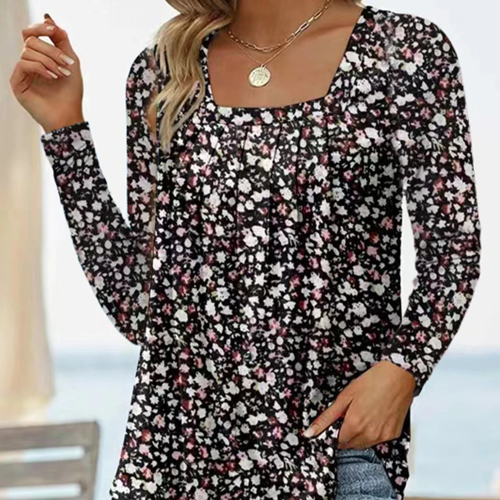 Square Collar Long Sleeve Dovetail Floral T-shirt