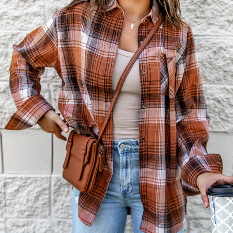 Cotton Polo Collar Loose Women's Plaid Shirt