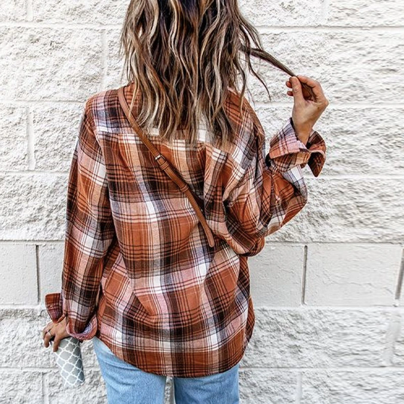 Cotton Polo Collar Loose Women's Plaid Shirt