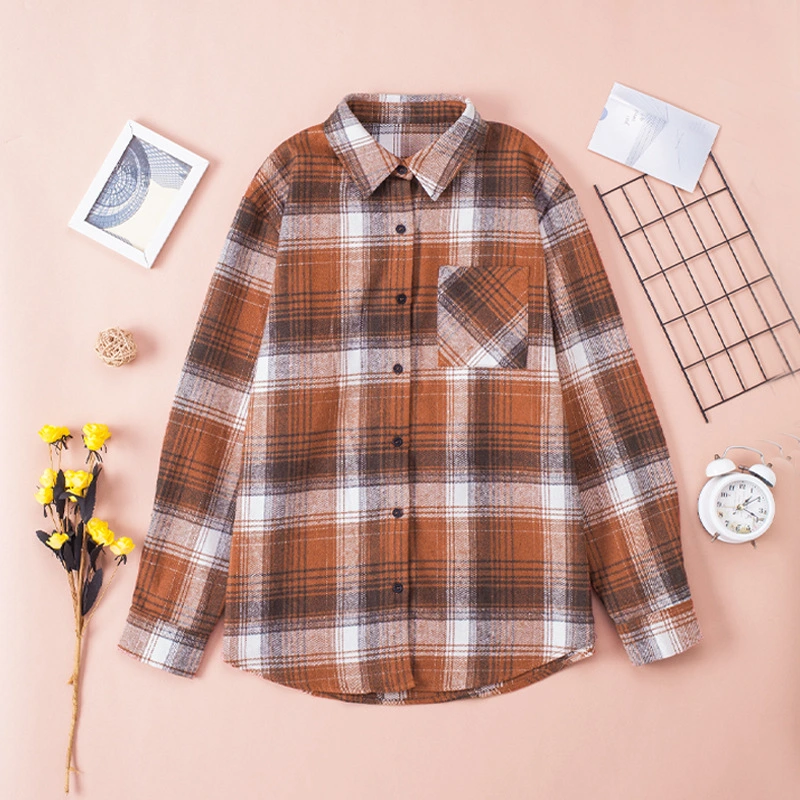 Cotton Polo Collar Loose Women's Plaid Shirt