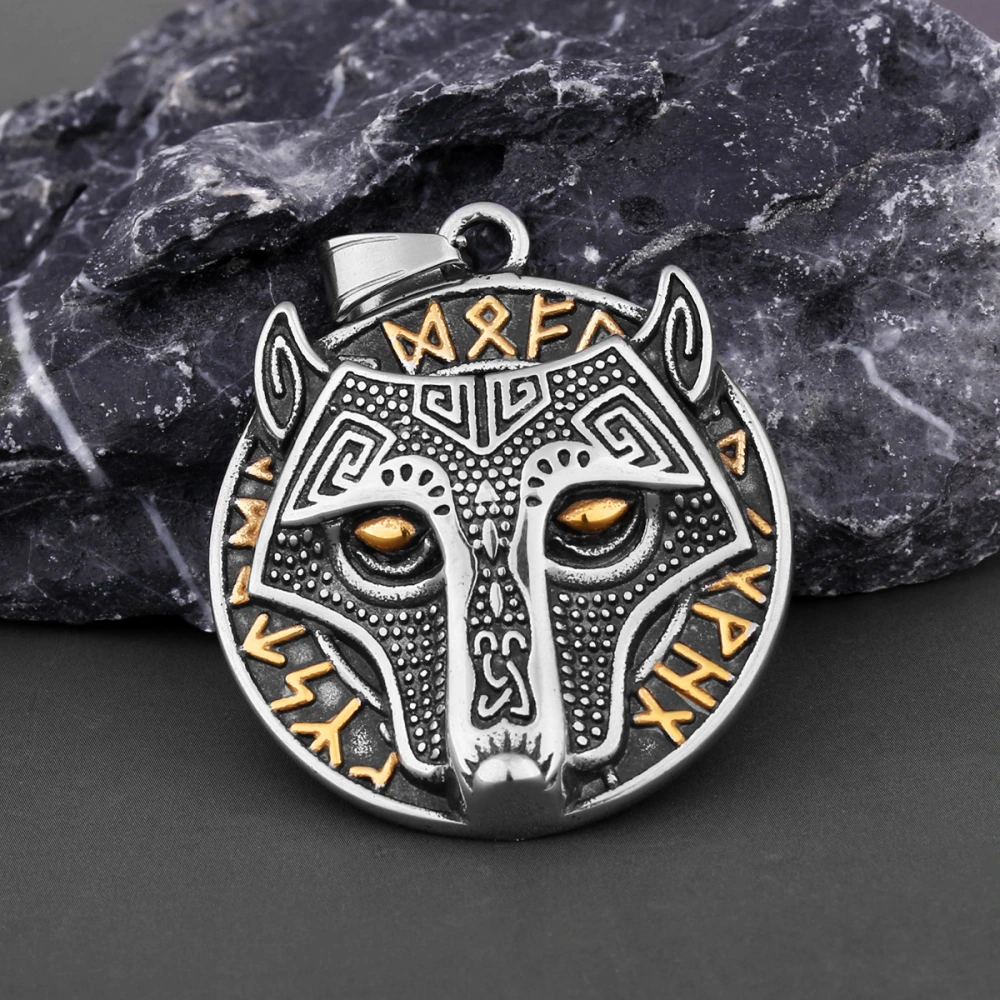 Viking Golden Wolf Head Aoding Rune Titanium Steel Pendant For Men