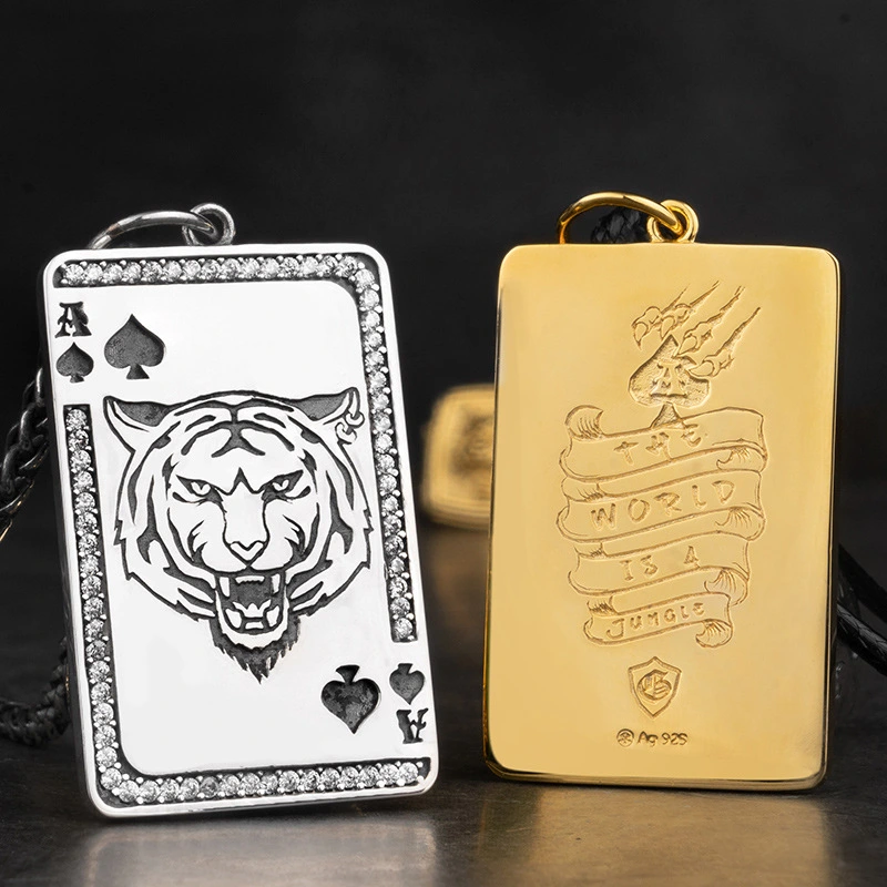 Gold Plated Spade Tiger Silver Pendant Silver Necklace