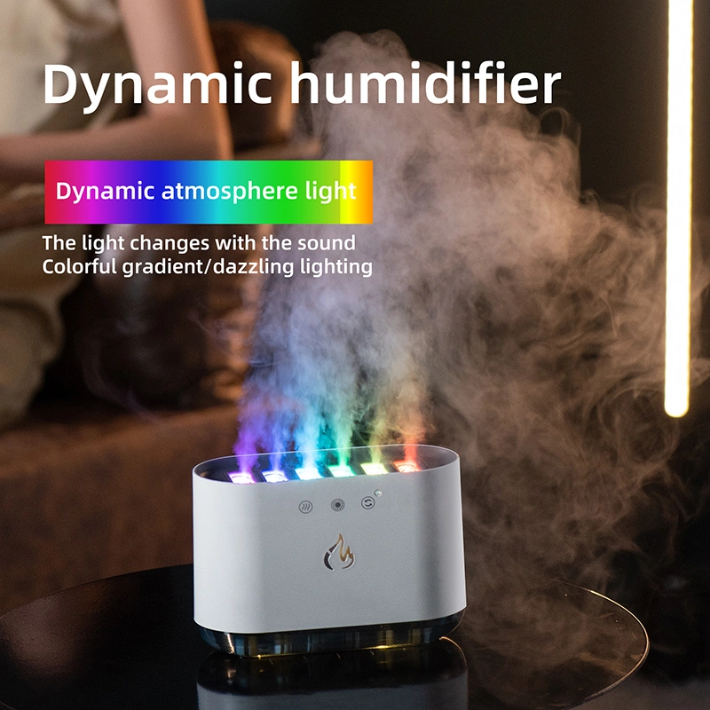 Zinc Hot Sale Dynamic Flame Humidifier USB Portable H20 Smart Ultrasonic Voice-Control Room Humidifier With 7 Colors Light