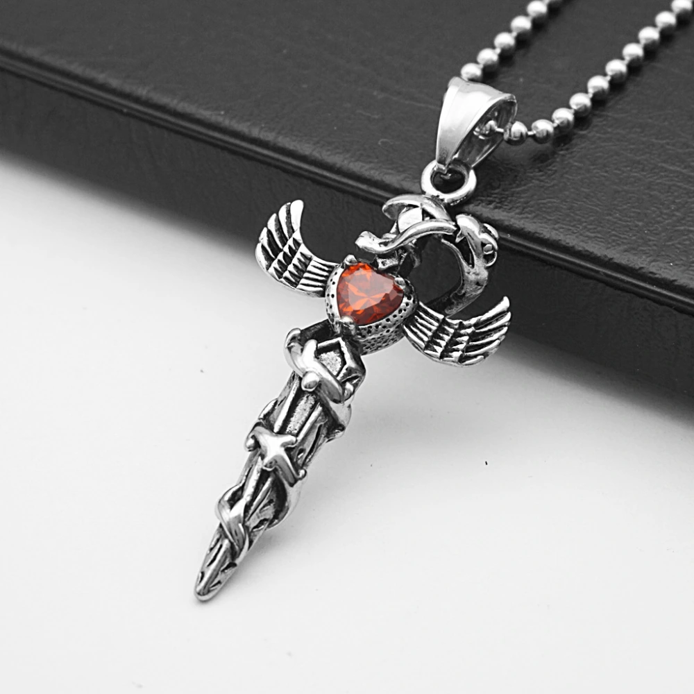 Retro Fashion European And American Style Diecast Snake Winding Wings Cross Titanium Steel Necklace Heart-shaped Diamond Pendant