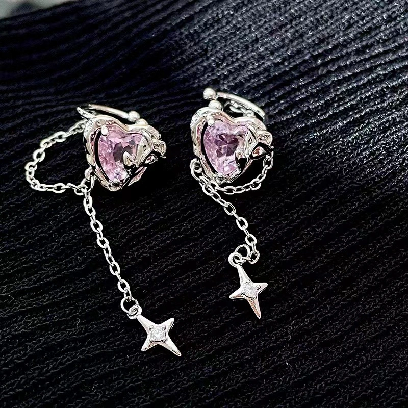 Female Niche Thorn Rose Loving Heart Zircon Earless Design Ear Clip