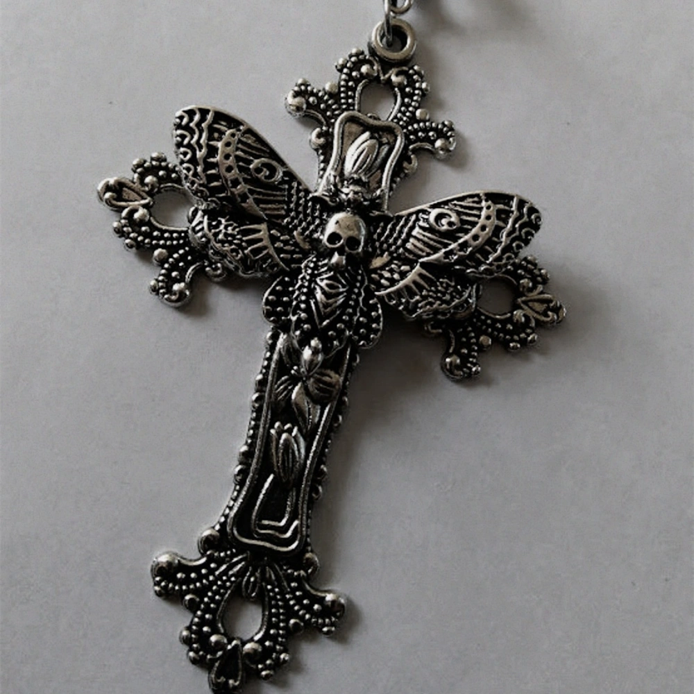 Big Moth Cross Necklace Pendant Floral Filigree