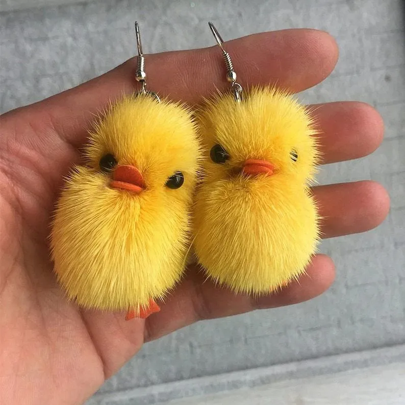 Mink Hair Little Duck Pendant Earrings