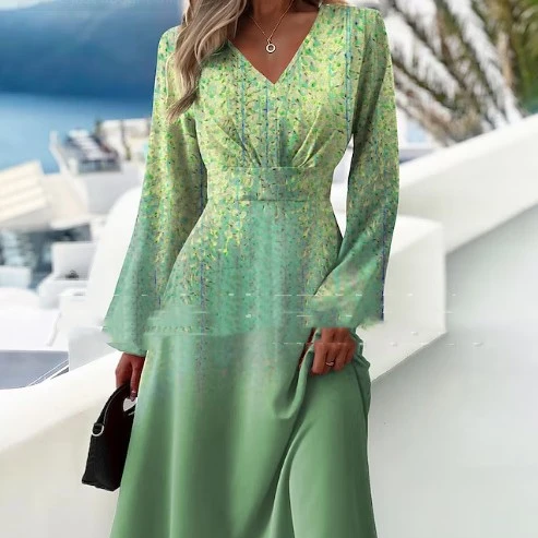 Zinc Cross-border Slim Fashion Printed Dress V-neck Long-sleeve Dress Women