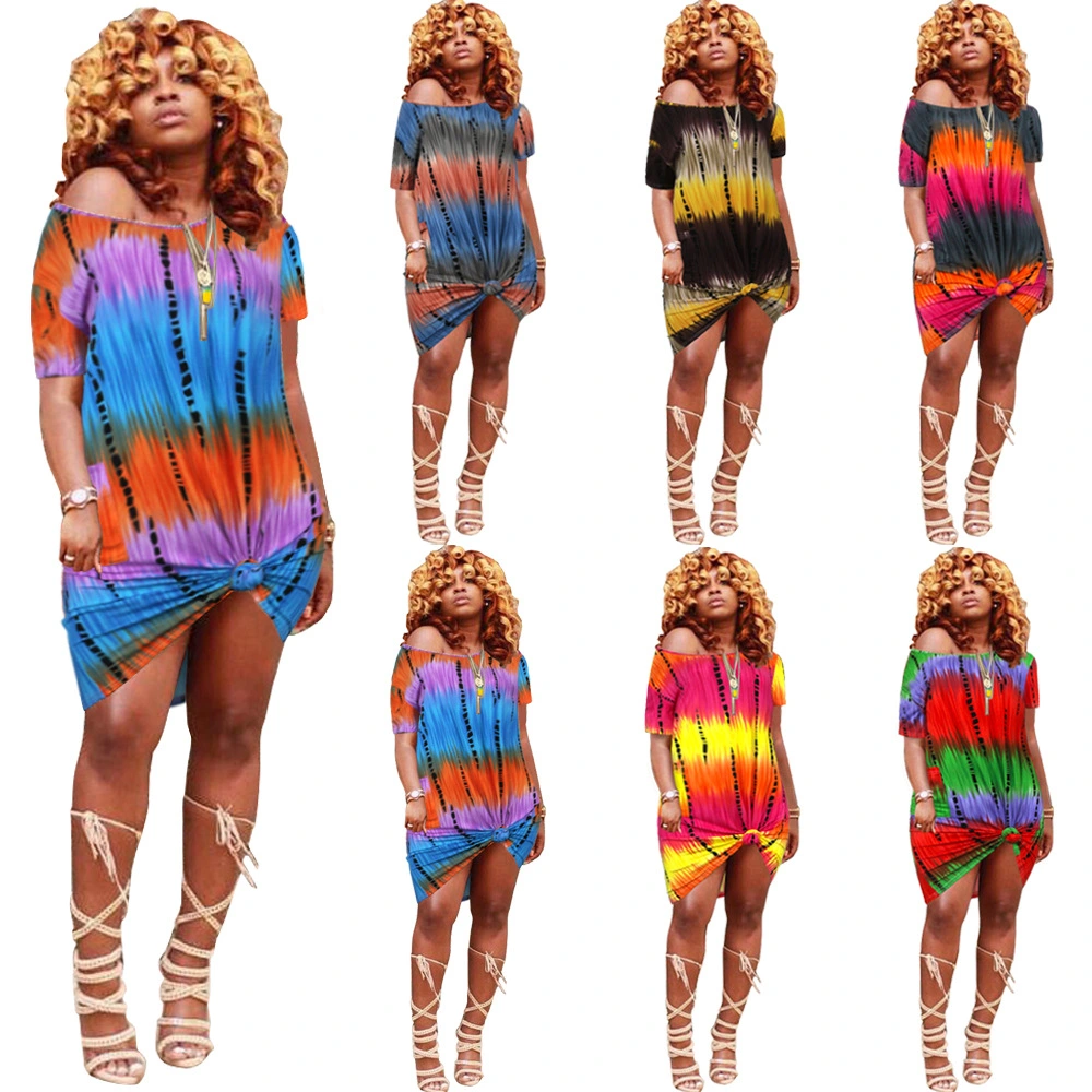 Tie-dye Diagonal Collar Short Sleeve Loose Shirt Dress