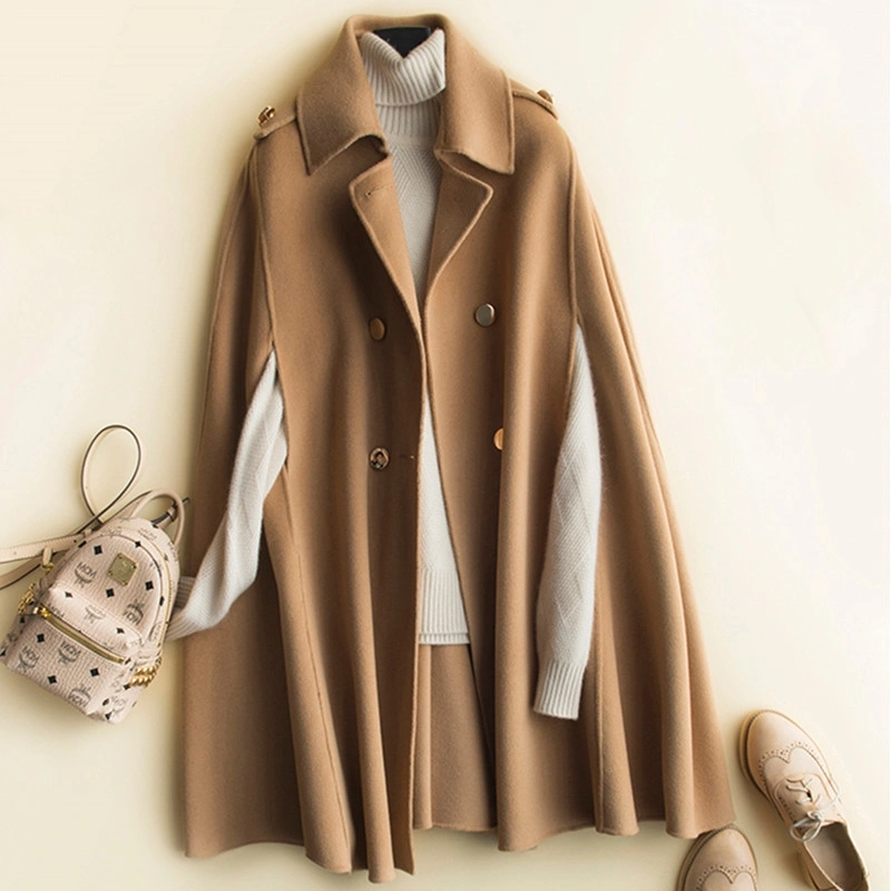 Hepburn Style Reversible Cashmere Coat Women's Mid-length British Classic Style Cape Woolen Coat