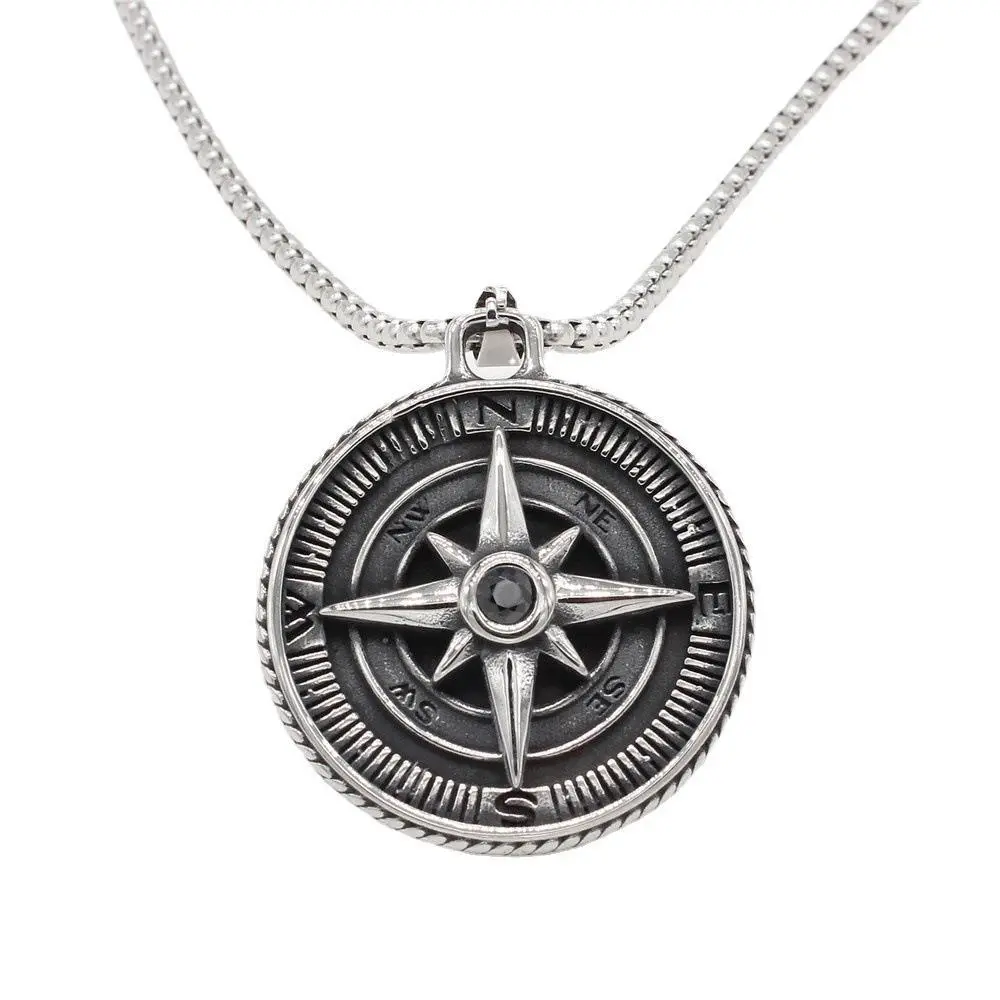 Personality Vintage Cross Compass Round Card Men's Titanium Steel Necklace