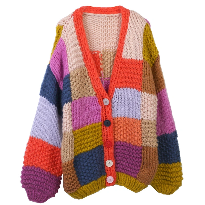Sweater Contrast Color Knitting Needle Long Sleeve V-neck Loose