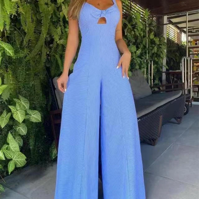 Sleeveless Solid Color Casual Loose Striped Wide Leg Jumpsuit