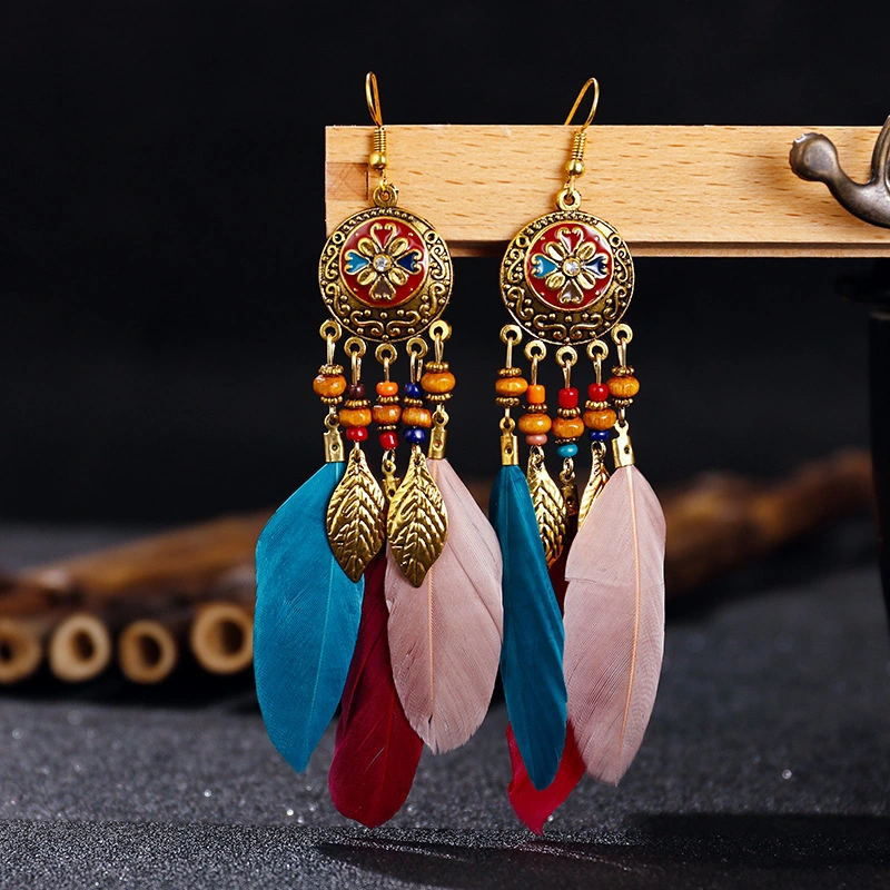 Ethnic Style Retro Earrings Bohemian Vacation Style Antique Alloy Carved Feather Tassel Earrings