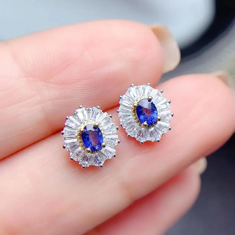 925 Silver Inlaid Natural Sri Lankan Sapphire Stud Earrings