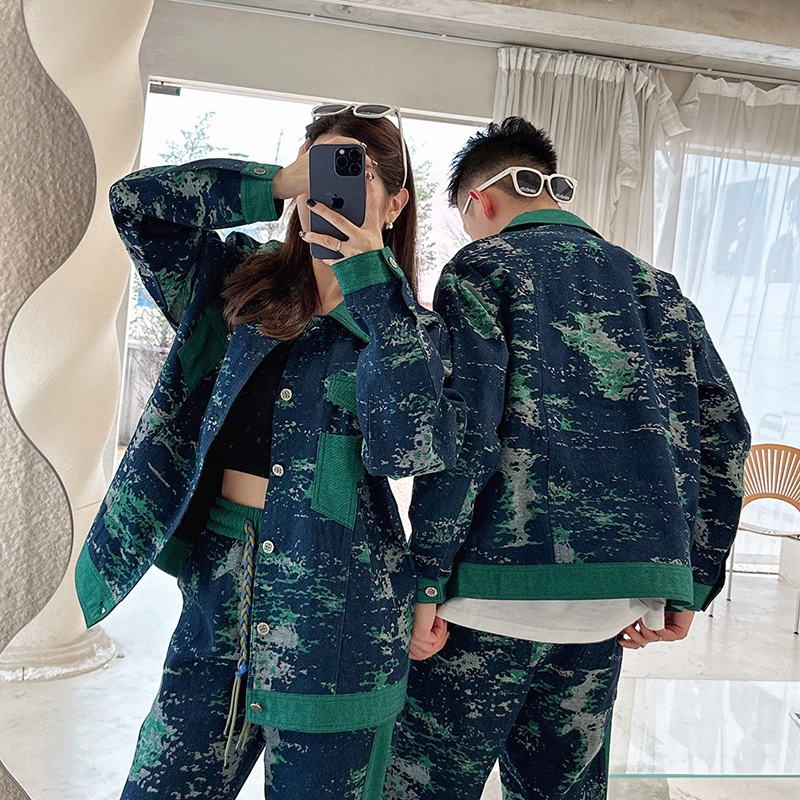 Retro Camouflage Jacquard Denim Jacket Cardigan Loose Casual Straight-leg Wide-leg Pants