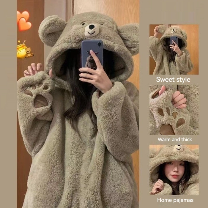 Coral Velvet Pajamas Cute Little Bear Girl Outerwear Homewear