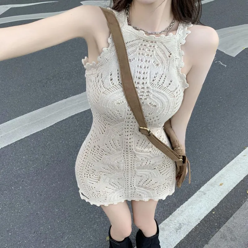 Women's Fashion Hollowed-out Knitted Suspender Sheath Dress