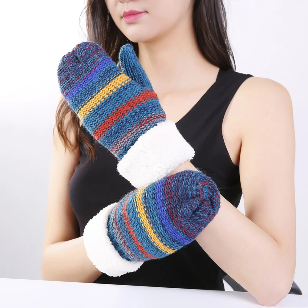 Women's Striped Mixing Colors Knitted Wool Fleece-lined Thickened Mittens Warm Ski Gloves