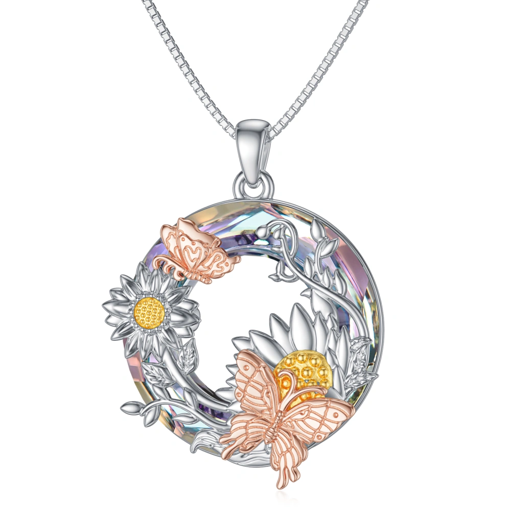 Crystal Sunflower Butterfly Necklace in Rose Gold and Gold Plated Sterling Silver 