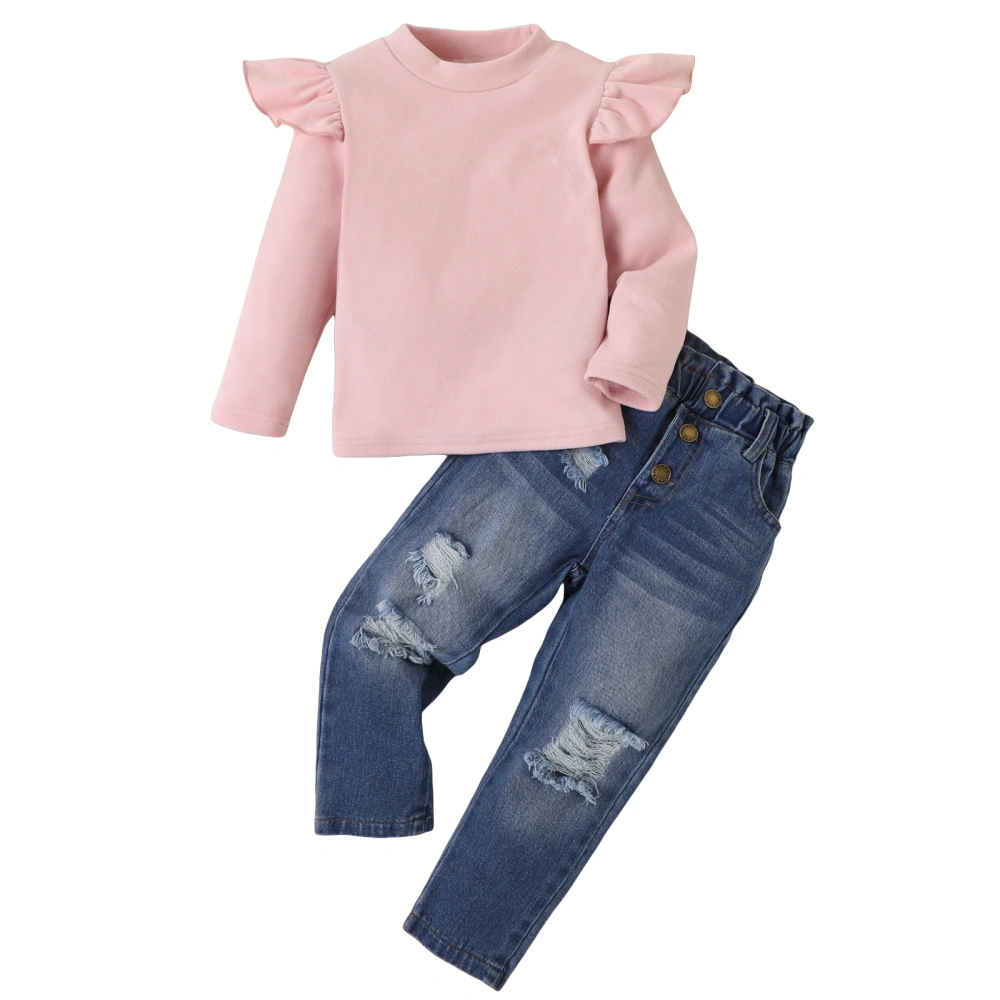 Girl Pants Set Kid Flying Sleeve Sweatshirt and Ripped Jeans