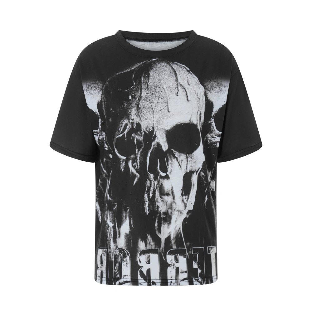 Women's Halloween Short Sleeve Crewneck Skull Print Loose T-shirt