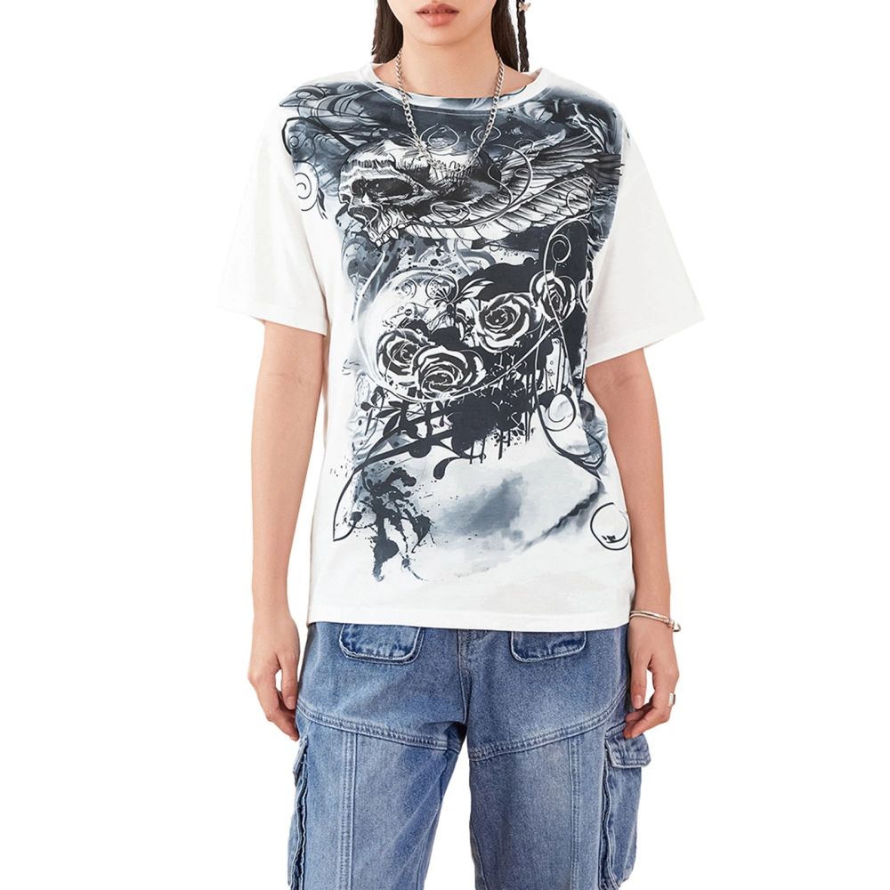 Women's Summer Short Sleeve Crewneck Skull Print Loose Gothic Tops